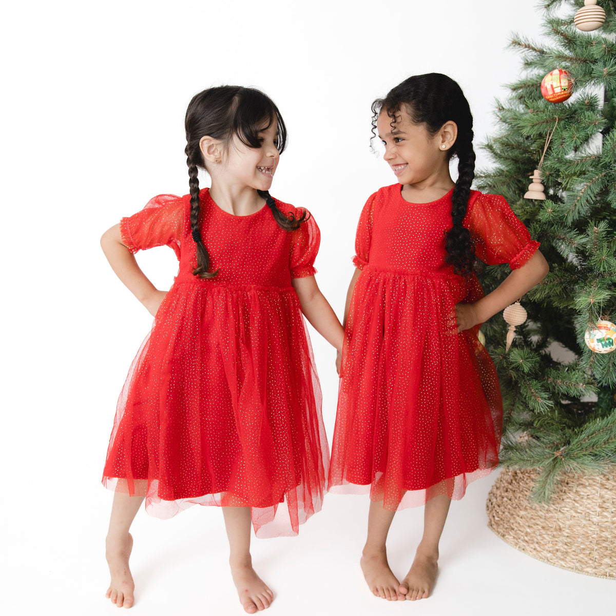 Velour Holiday Red - Puff Sleeve Dress with Tulle Overlay