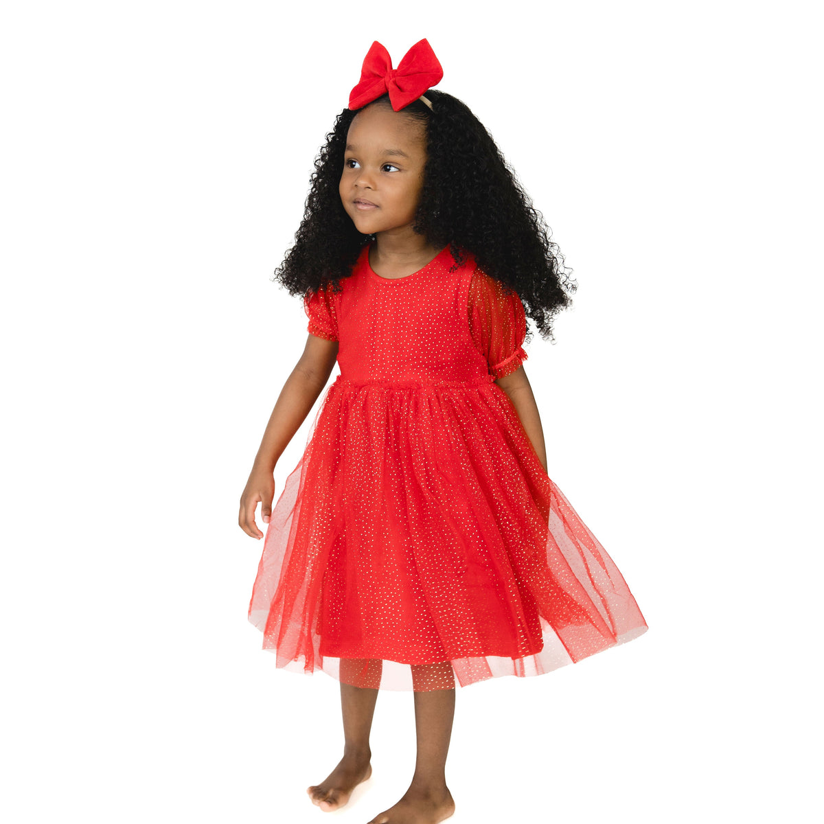 Velour Holiday Red - Puff Sleeve Dress with Tulle Overlay