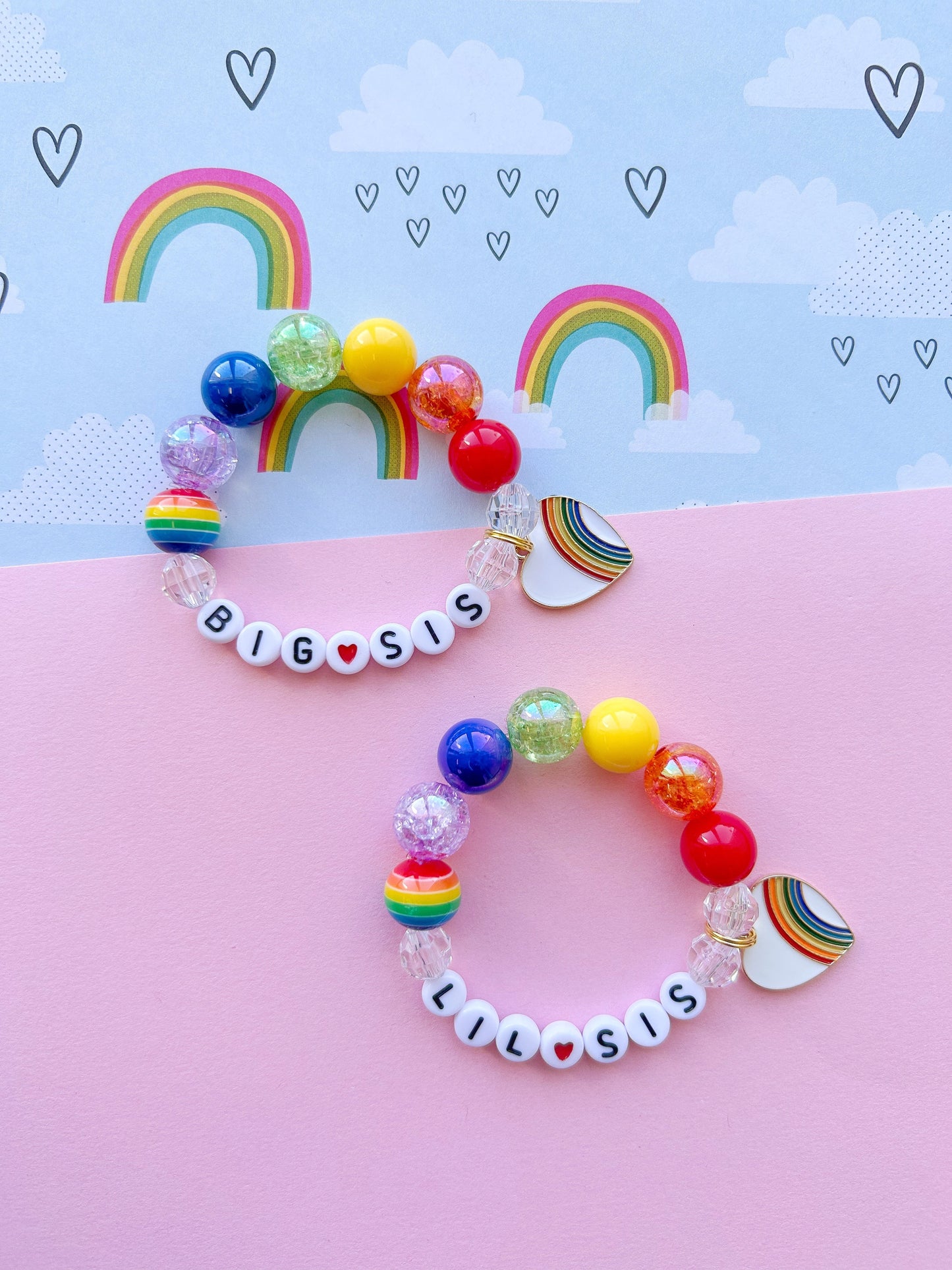 Big Sis OR Lil Sis Rainbow Heart Charm Bracelet
