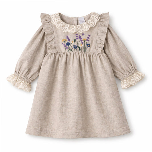 Embroidered Wildflower Linen Dress With Lace Trim