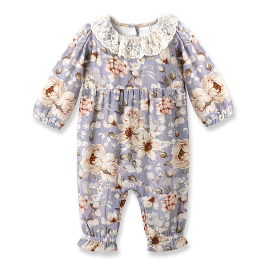 Blue Floral Vintage Linen Baby Romper With Lace Collar