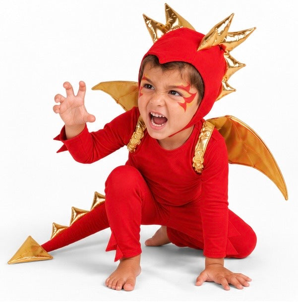 Sunfire Red Dragon with Gold Wings Costume for Kids – Handmade Fantasy Halloween Costume
