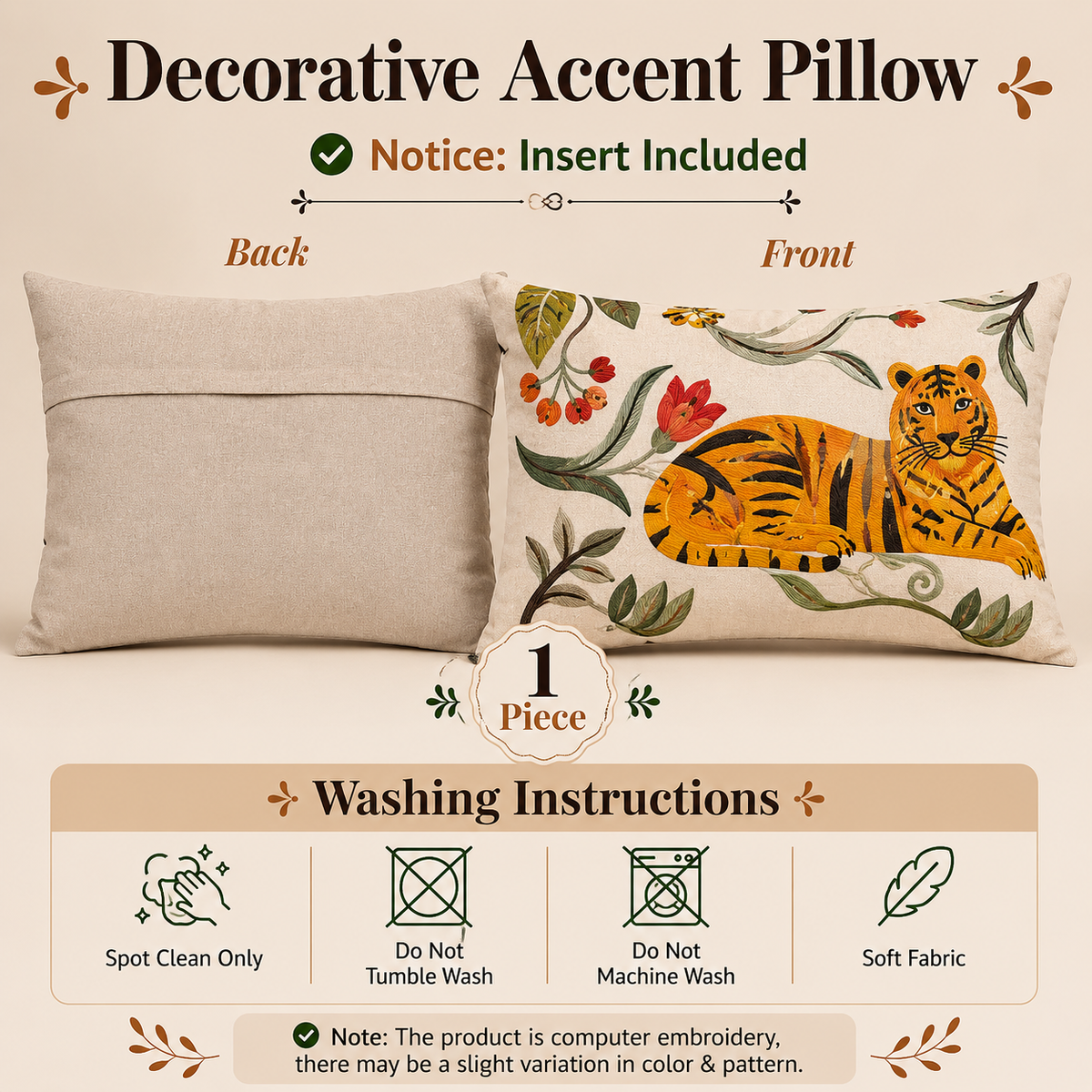 Floral Safari Tiger Pillow | 24x14" | Cotton Fabric