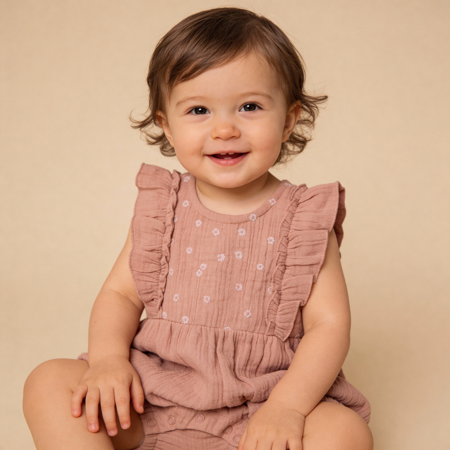 Organic Embroidered Ruffle Romper - Clay
