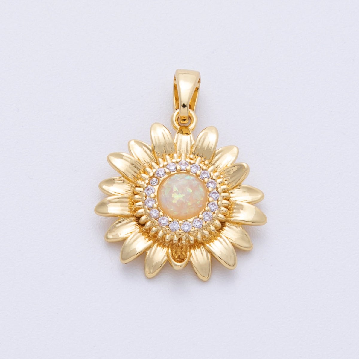 16K Gold Filled 18.5mm White Opal Micro Paved CZ Sunflower Pendant | Charms-00104