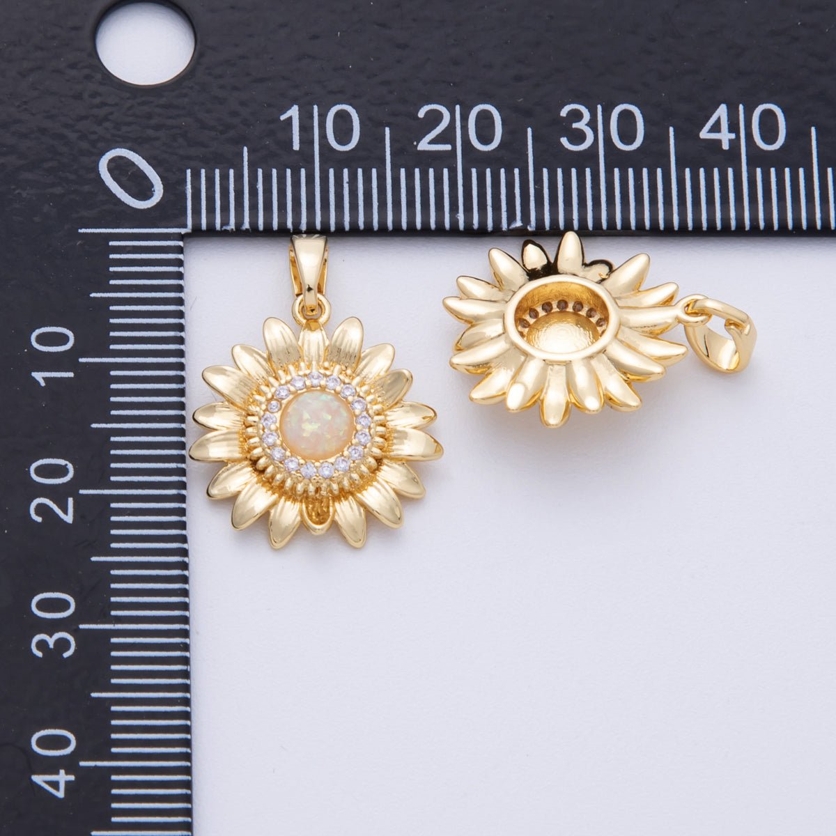 16K Gold Filled 18.5mm White Opal Micro Paved CZ Sunflower Pendant | Charms-00104