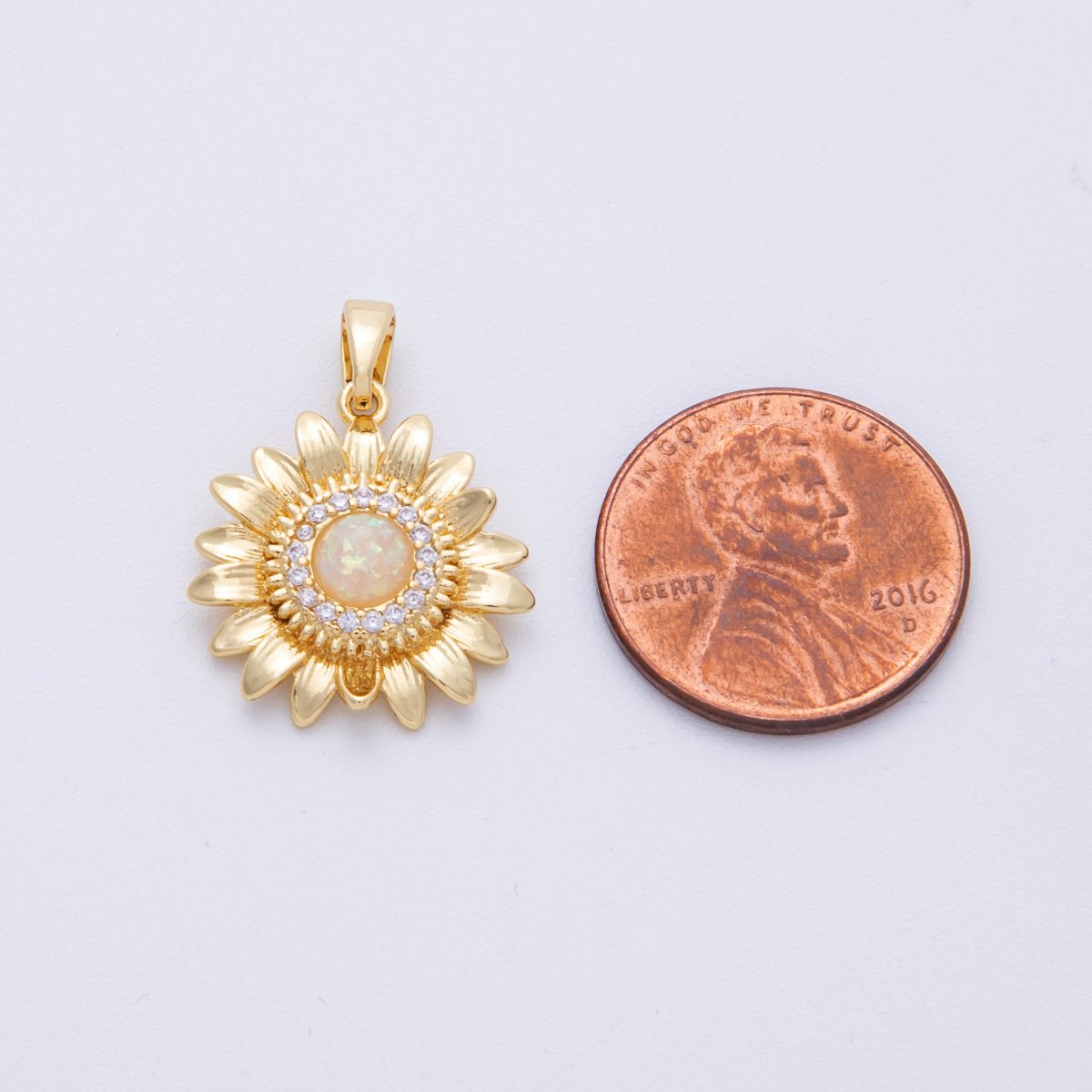 16K Gold Filled 18.5mm White Opal Micro Paved CZ Sunflower Pendant | Charms-00104