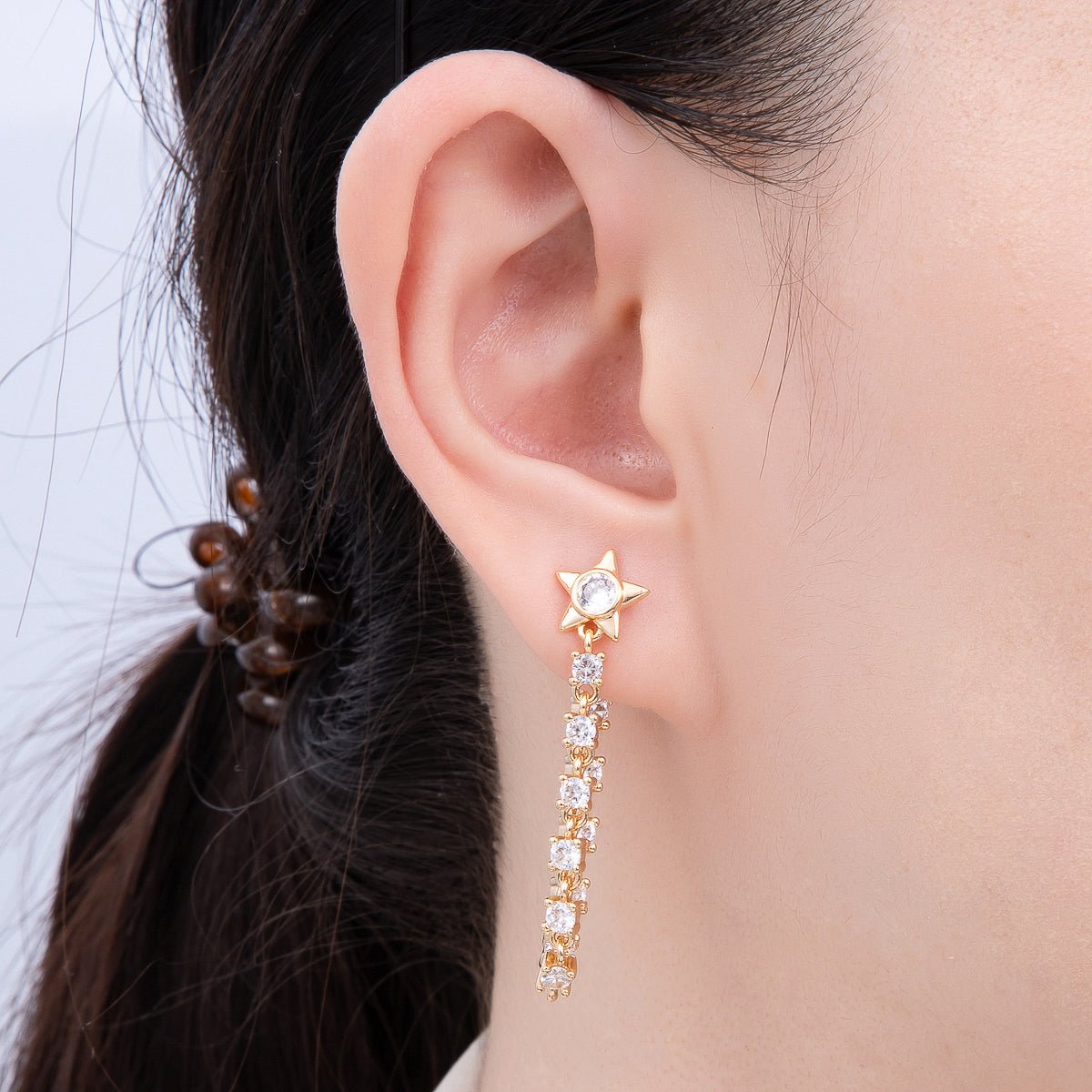 16K Gold Filled 43mm Clear CZ, White Opal Celestial Star Drop Stud Earrings | Earrings-00299 Earrings-00300
