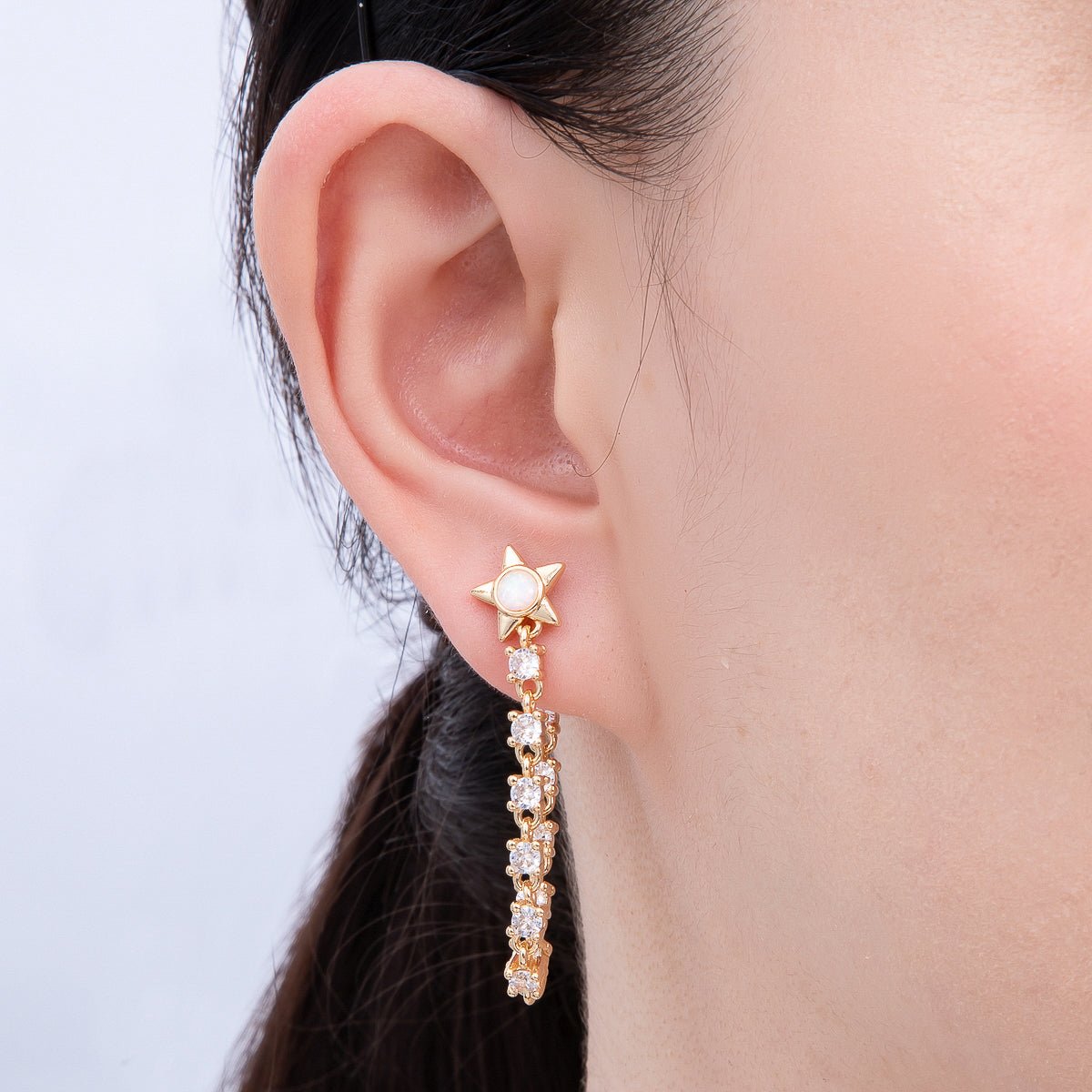 16K Gold Filled 43mm Clear CZ, White Opal Celestial Star Drop Stud Earrings | Earrings-00299 Earrings-00300