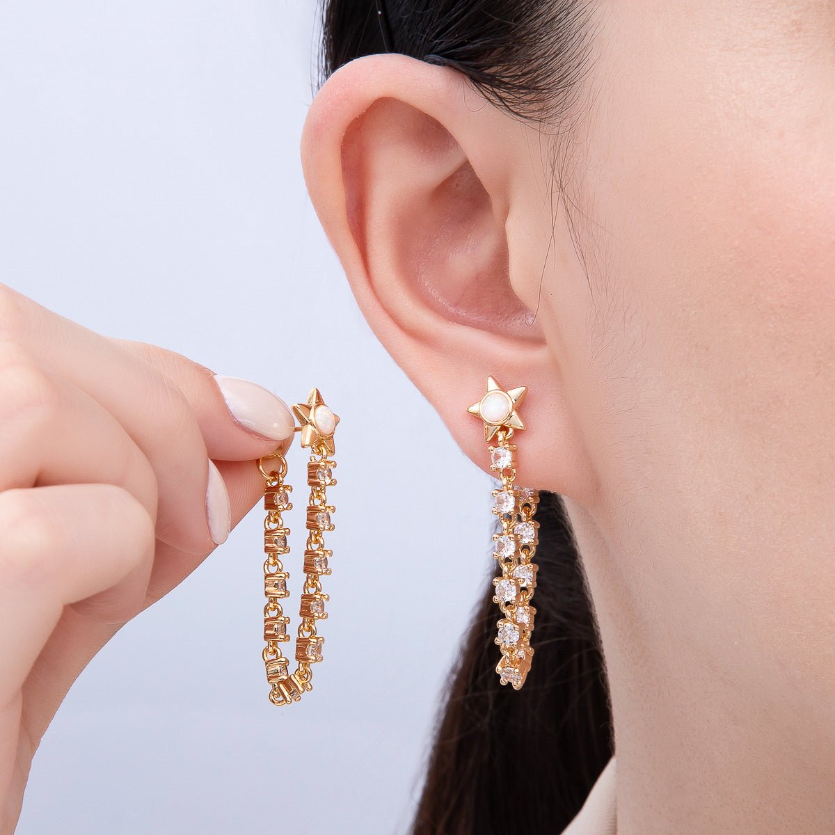 16K Gold Filled 43mm Clear CZ, White Opal Celestial Star Drop Stud Earrings | Earrings-00299 Earrings-00300