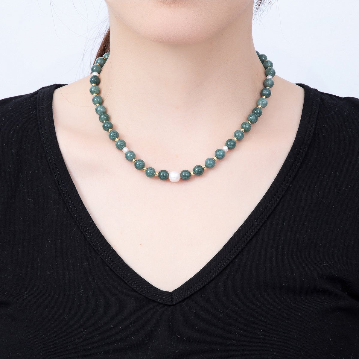 16K Gold Filled 4mm Shell Pearl Green Aventurine Bead Round Gemstone Chain 16.5 Inch Necklace | WA-00128