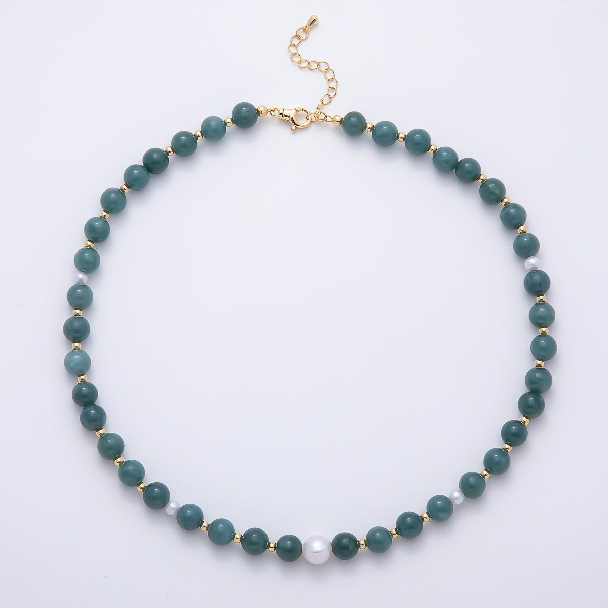 16K Gold Filled 4mm Shell Pearl Green Aventurine Bead Round Gemstone Chain 16.5 Inch Necklace | WA-00128