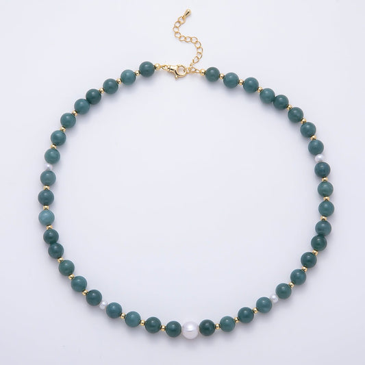 16K Gold Filled 4mm Shell Pearl Green Aventurine Bead Round Gemstone Chain 16.5 Inch Necklace | WA-00128