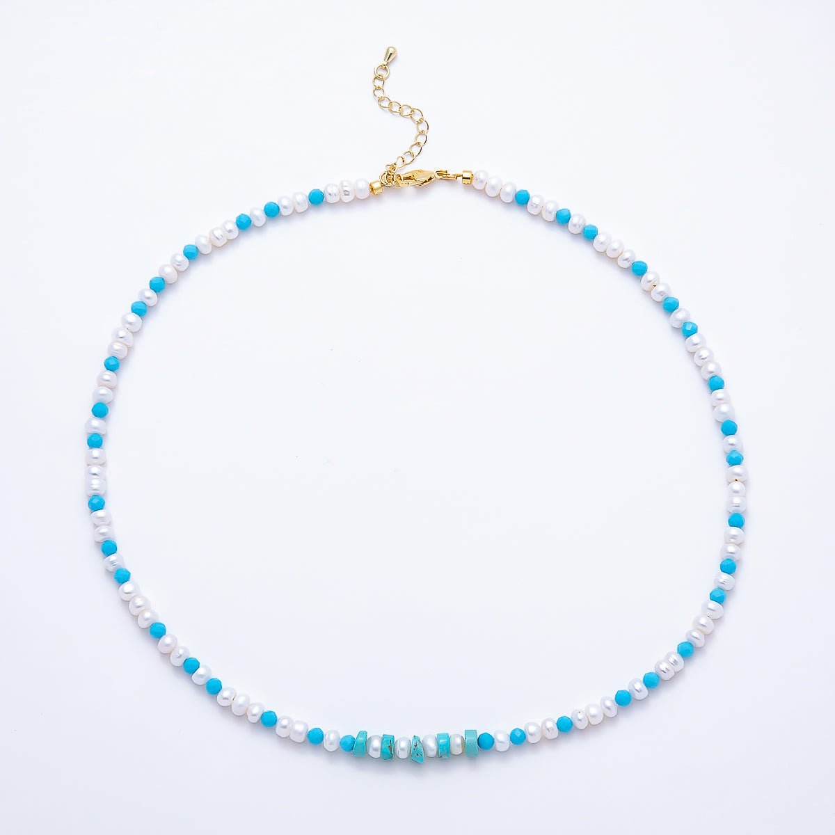 16K Gold Filled 5.5mm Blue Turquoise Shell Pearl Button Gemstone Chain 18 Inch Necklace | WA-00325