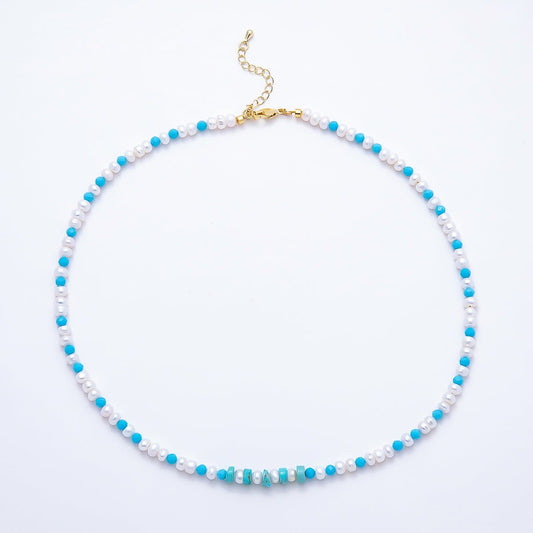 16K Gold Filled 5.5mm Blue Turquoise Shell Pearl Button Gemstone Chain 18 Inch Necklace | WA-00325