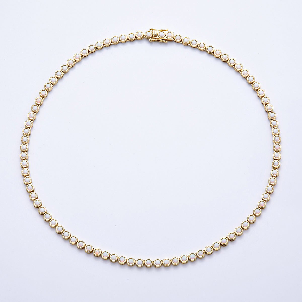 16K Gold Filled 5mm White Opal Round Bezel Tennis Chain 17 Inch Necklace | WA-04211