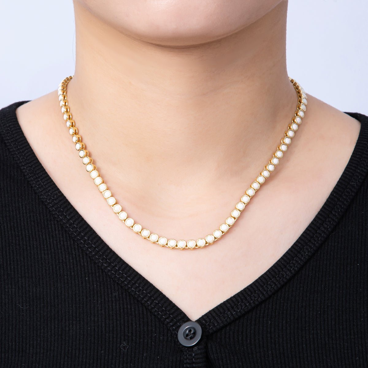 16K Gold Filled 5mm White Opal Round Bezel Tennis Chain 17 Inch Necklace | WA-04211
