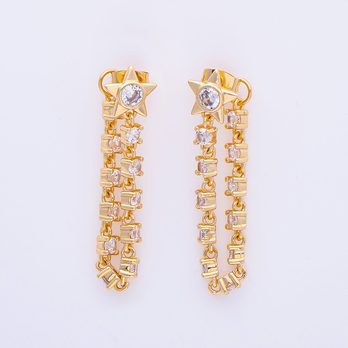 16K Gold Filled 43mm Clear CZ, White Opal Celestial Star Drop Stud Earrings | Earrings-00299 Earrings-00300