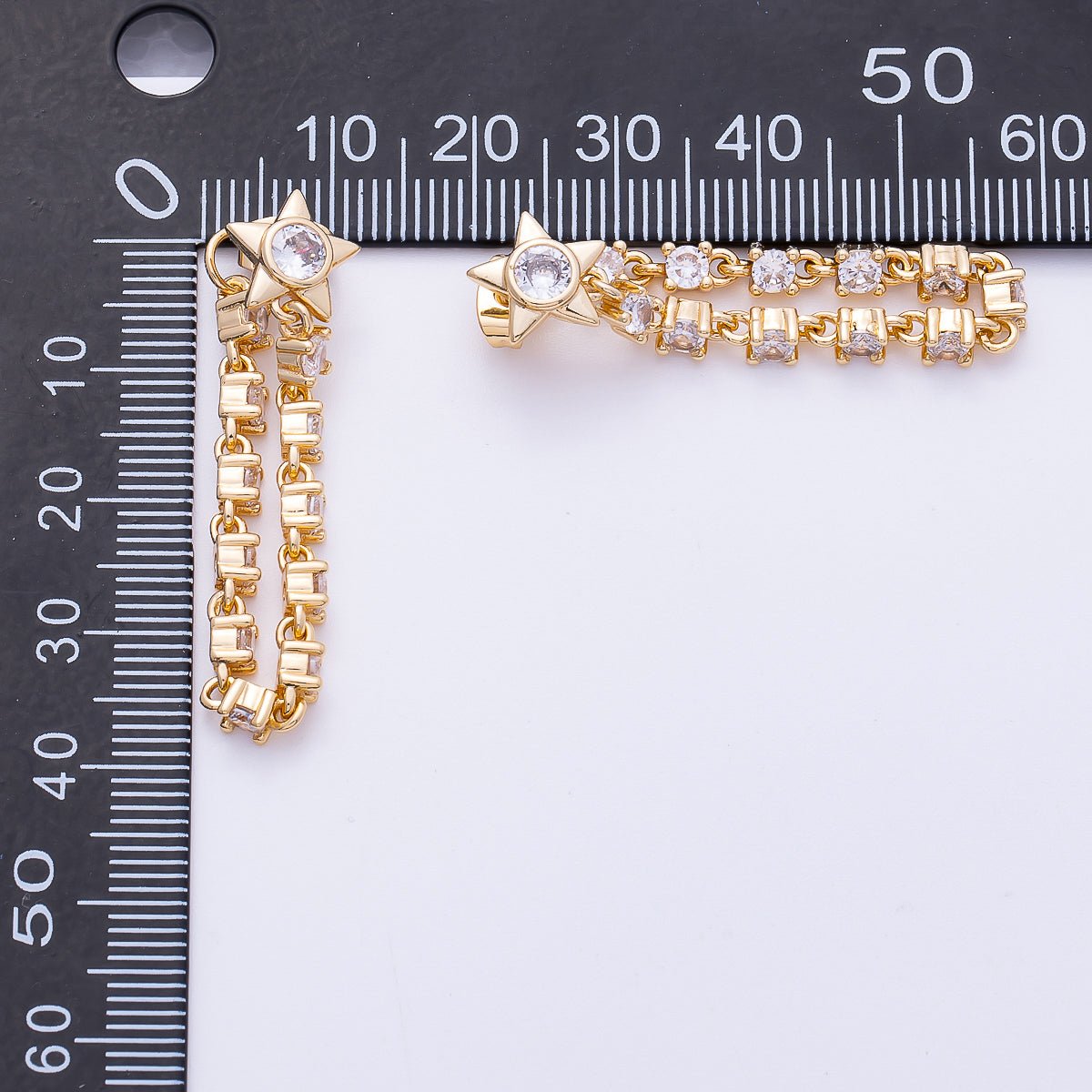 16K Gold Filled 43mm Clear CZ, White Opal Celestial Star Drop Stud Earrings | Earrings-00299 Earrings-00300