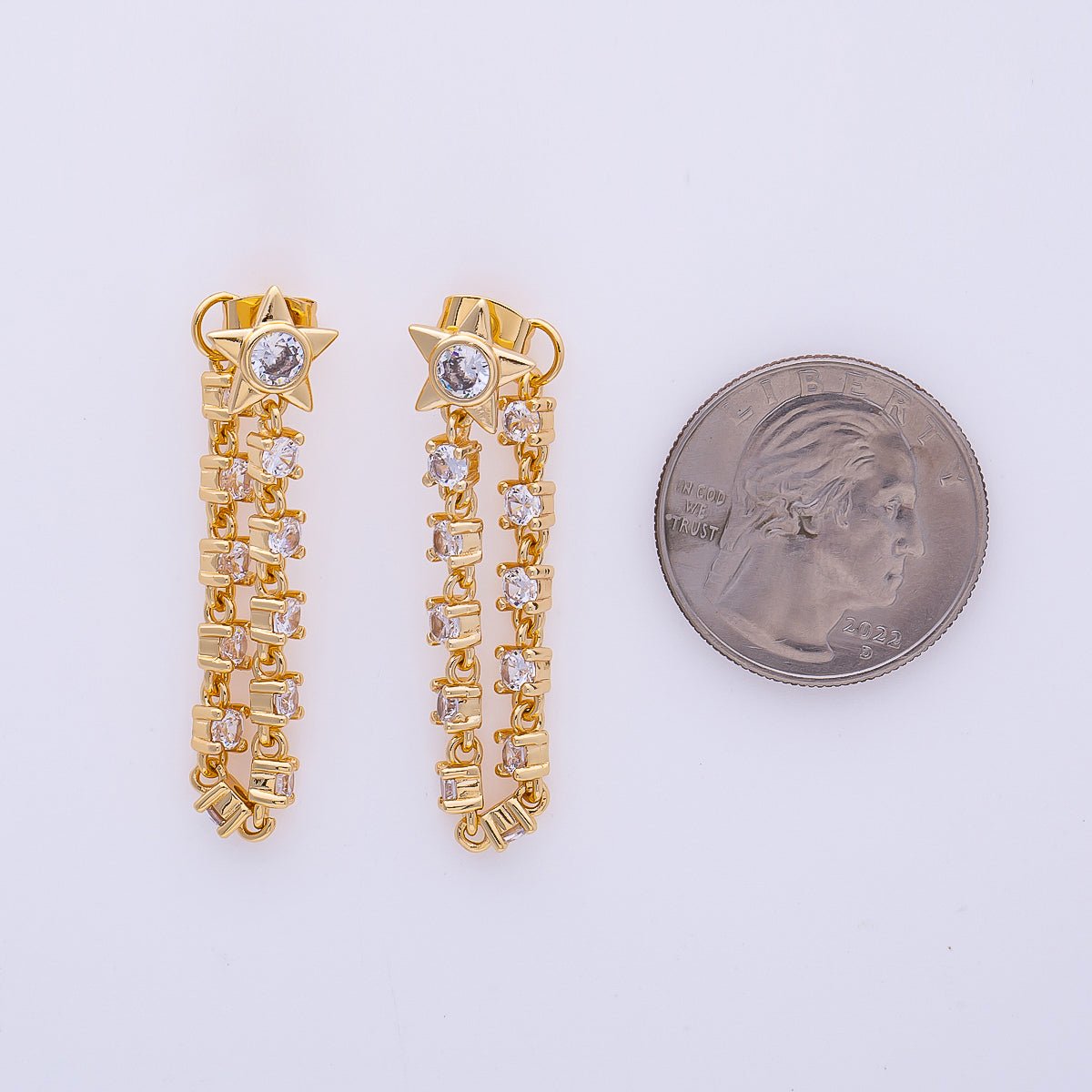 16K Gold Filled 43mm Clear CZ, White Opal Celestial Star Drop Stud Earrings | Earrings-00299 Earrings-00300