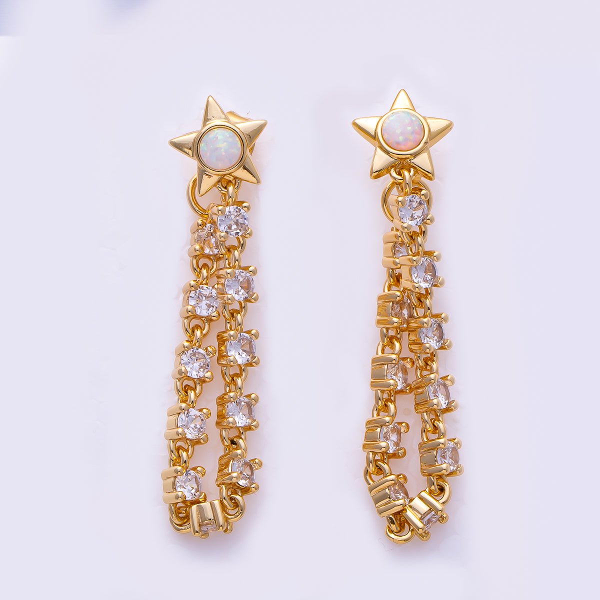 16K Gold Filled 43mm Clear CZ, White Opal Celestial Star Drop Stud Earrings | Earrings-00299 Earrings-00300