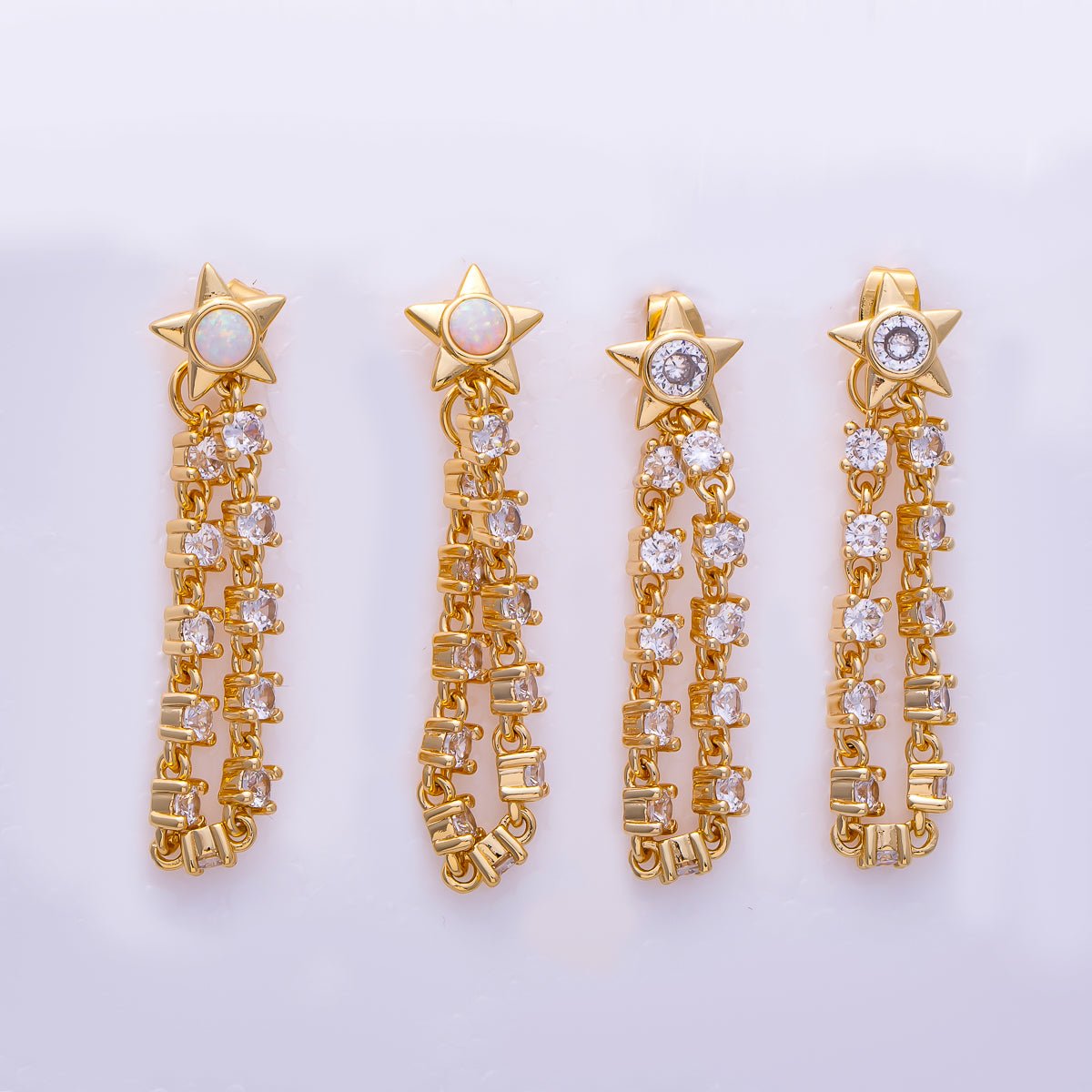 16K Gold Filled 43mm Clear CZ, White Opal Celestial Star Drop Stud Earrings | Earrings-00299 Earrings-00300