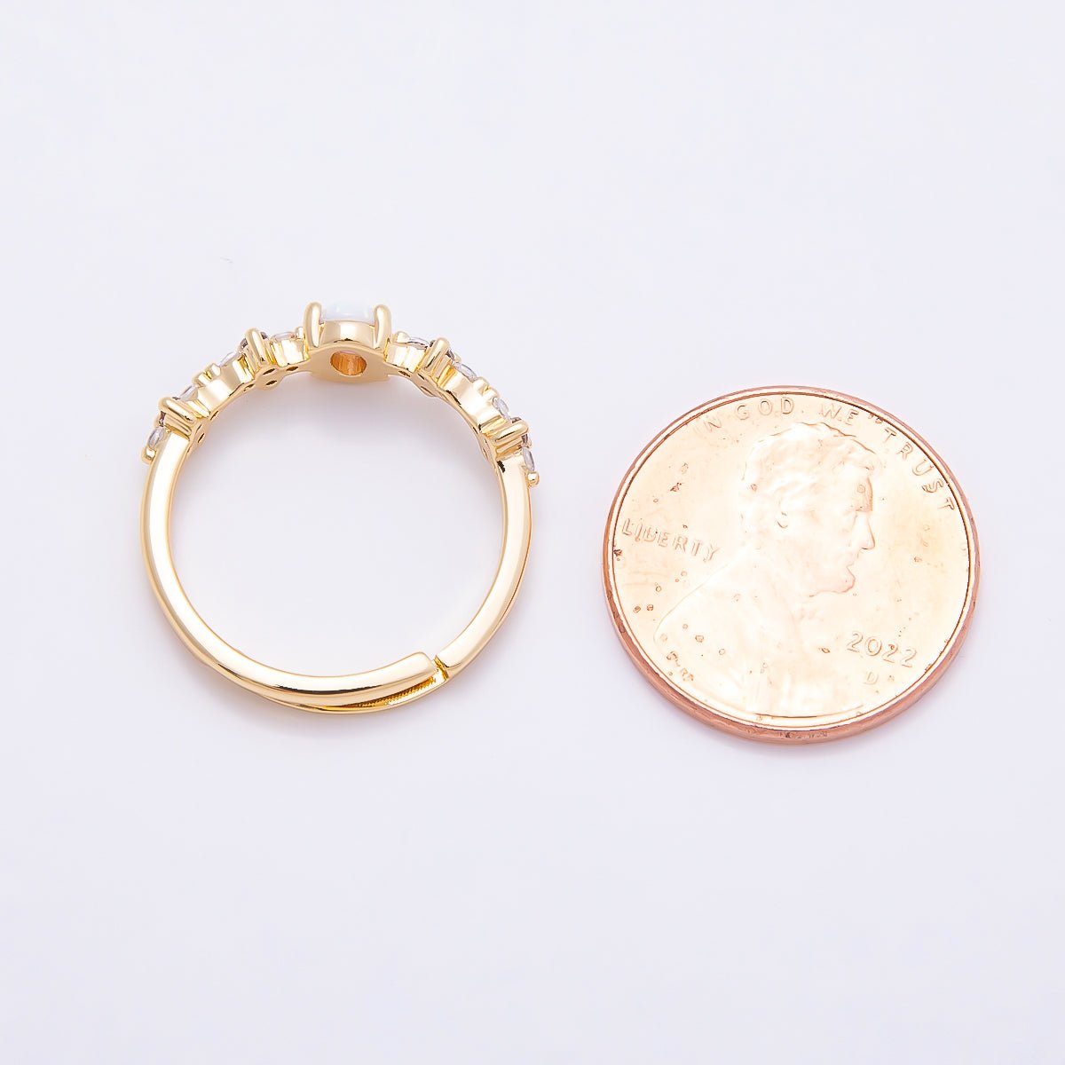 16K Gold Filled White Opal Clear CZ Flower Leaf Adjustable Ring | Rings-00139
