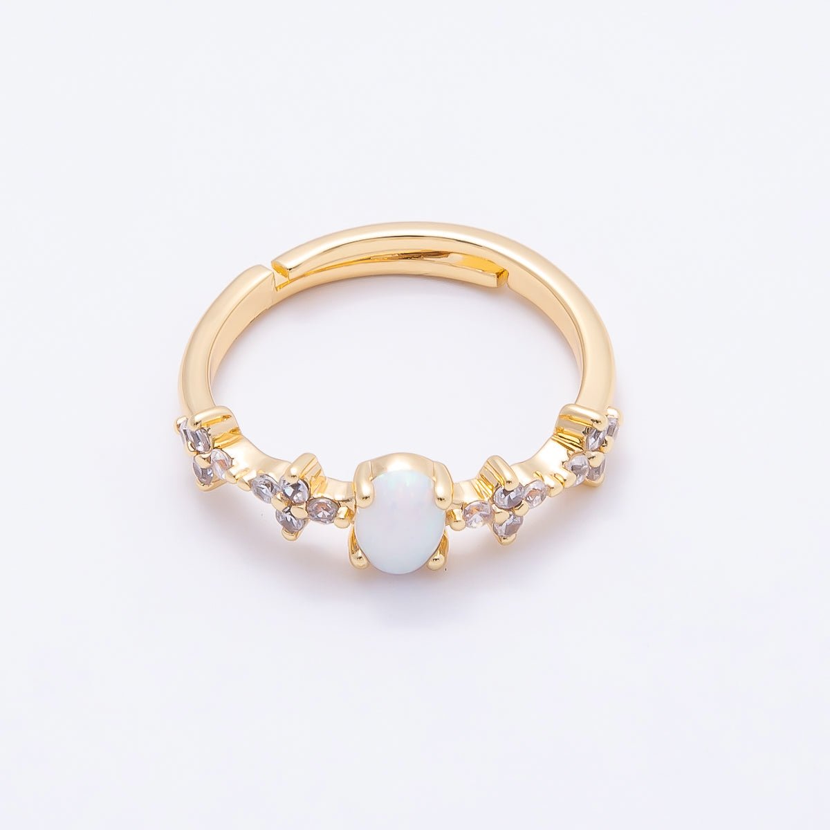 16K Gold Filled White Opal Clear CZ Flower Leaf Adjustable Ring | Rings-00139
