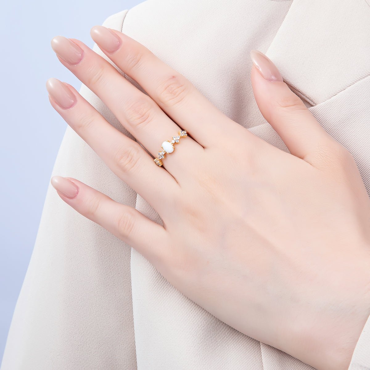 16K Gold Filled White Opal Clear CZ Flower Leaf Adjustable Ring | Rings-00139