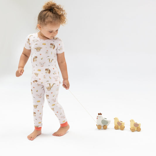 Short Sleeve Loungewear Set - Vintage Animals Faces Pink