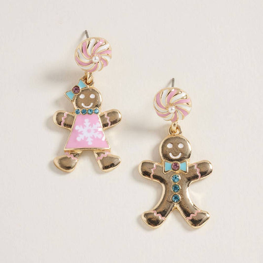 Mismatch Festive Holiday Gingerbread Man Woman Dangle Earrings