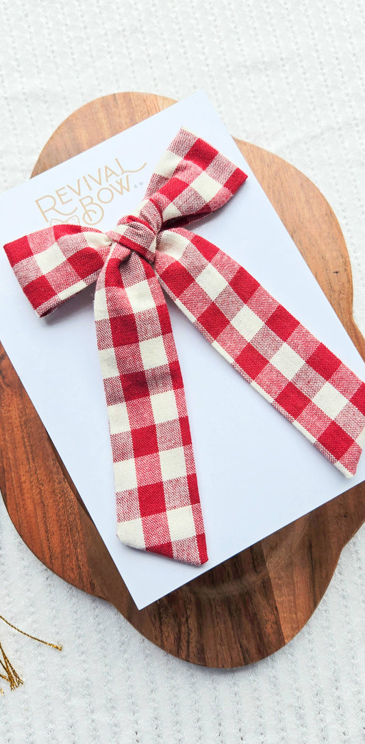 Long Tail Bow on Clip • Red Gingham