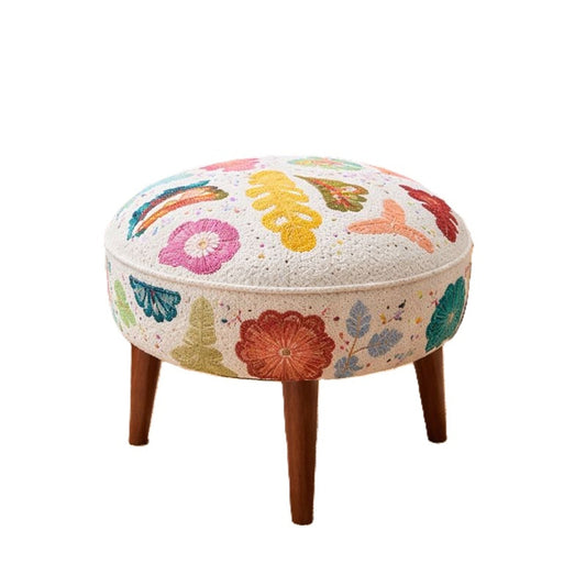 Suzani Patterned Accent Stool | 20x18" | White Cotton Fabric