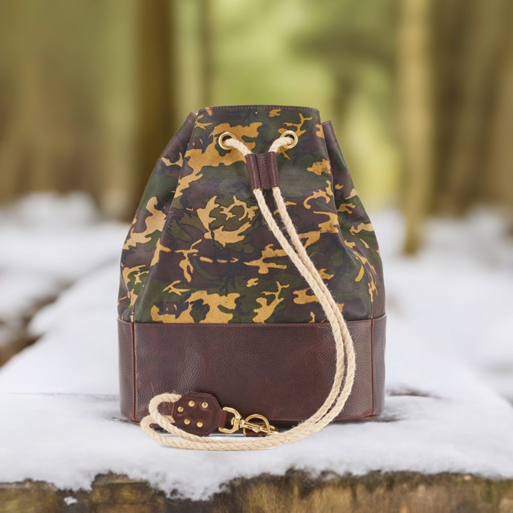 Wanderlust Leather Cinch Duffle Bag - Tan Camo