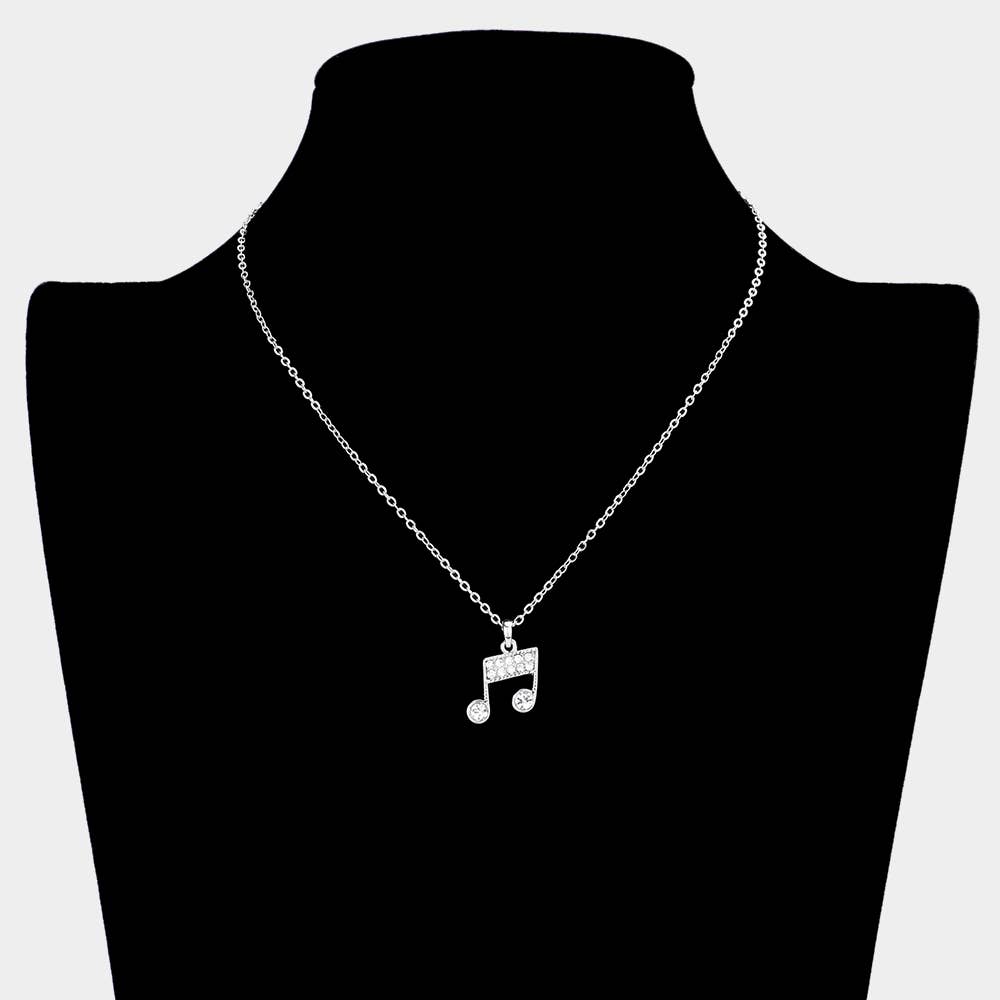 Rhinestone Embellished Metal Music Notes Pendant Necklace