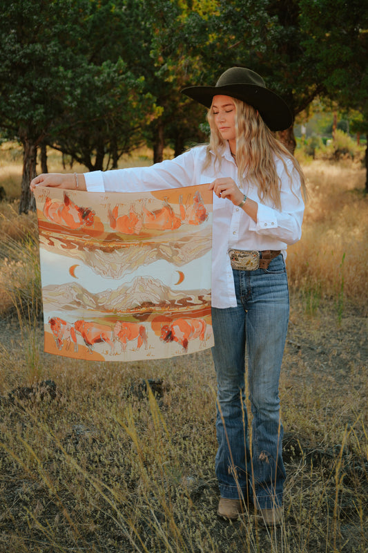 Bison and Mountain Range Western Buffalo Silk Wild Rag Scarf