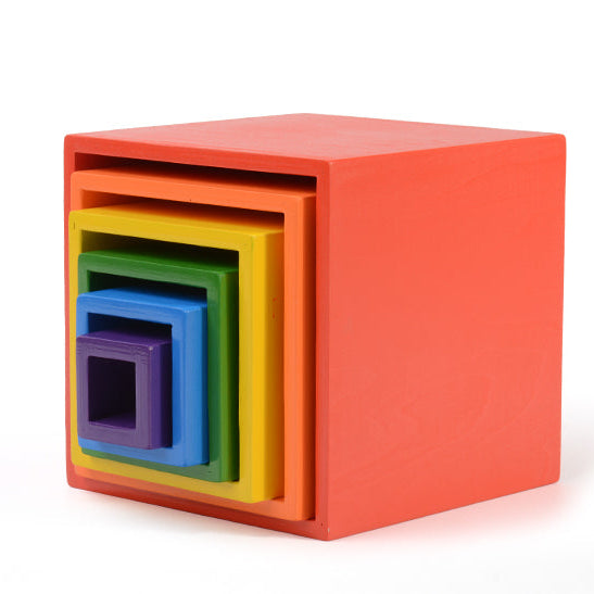 6-Piece Basswood Wooden Rainbow Nesting Box Set | Painted & Hand-Stained Finishes | Montessori Stacking Toy