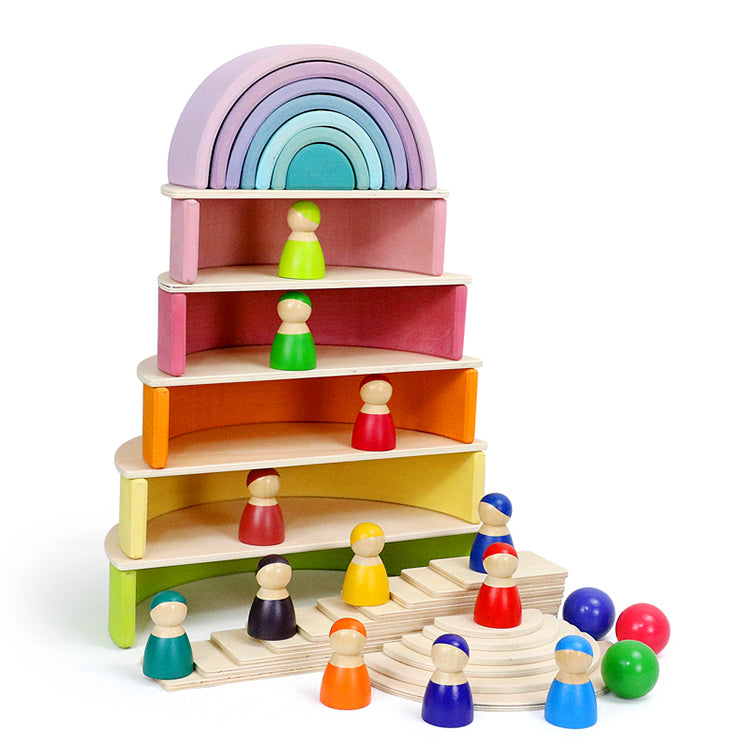 12-Piece Large Wooden Rainbow Stacking Blocks – Pastel / Macaron Colors