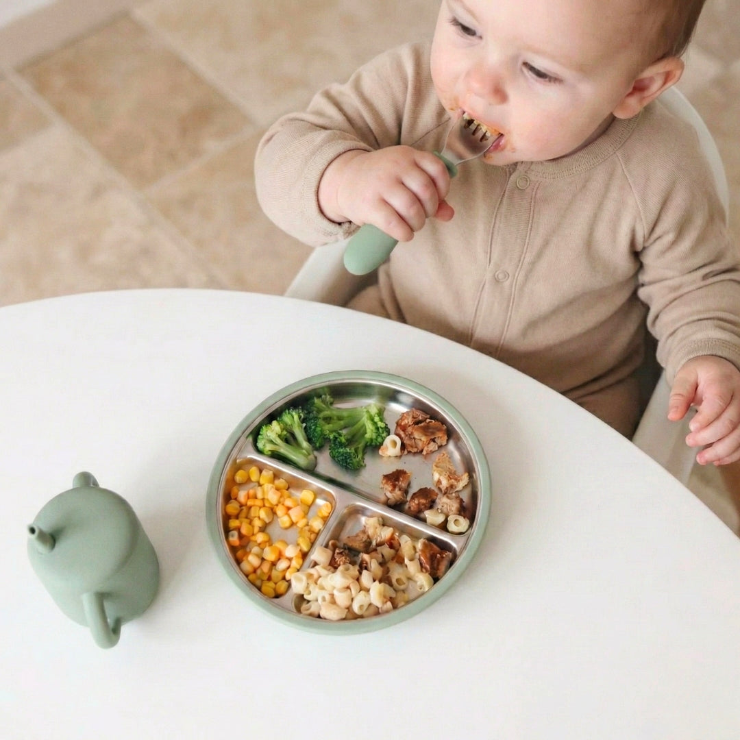 Stainless Steel Suction Plate Set of 2 (Mocha Mousse & Sage Green)