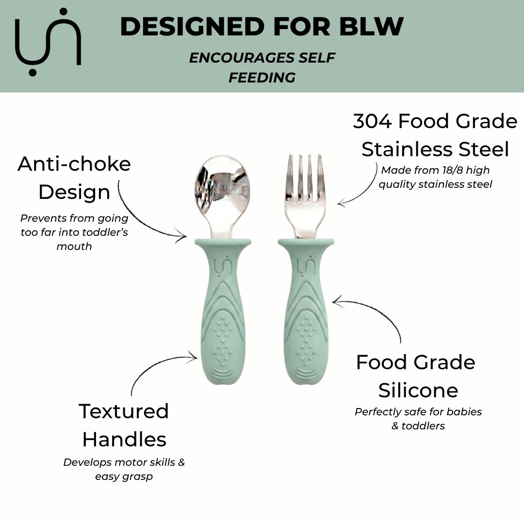 Stainless Steel Self Feeding Utensil Set of 4 (Mocha Mousse & Sage Green)
