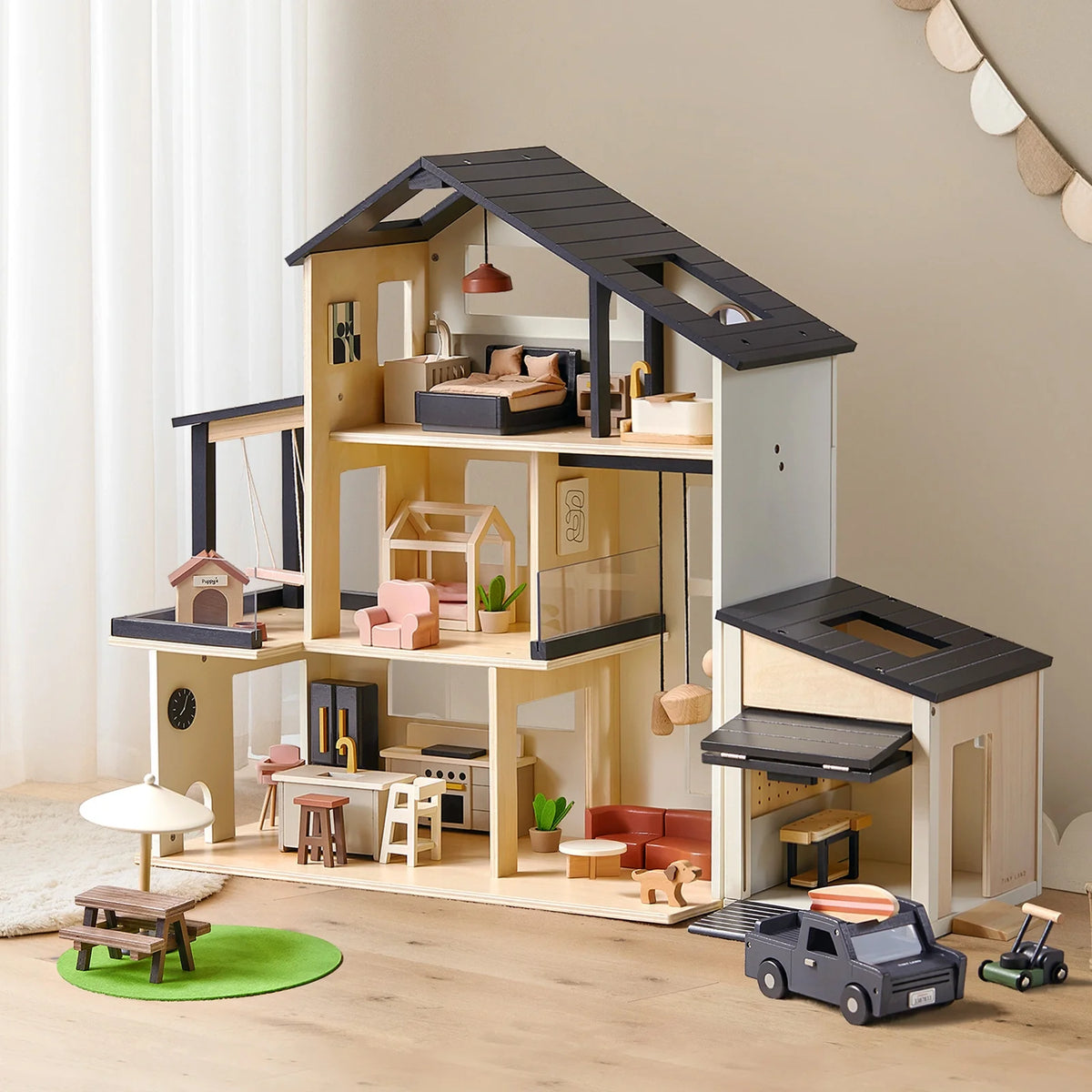 Sweet Family Gift Set: Black Dollhouse & Dollhouse Garage & Extra Dolls Set