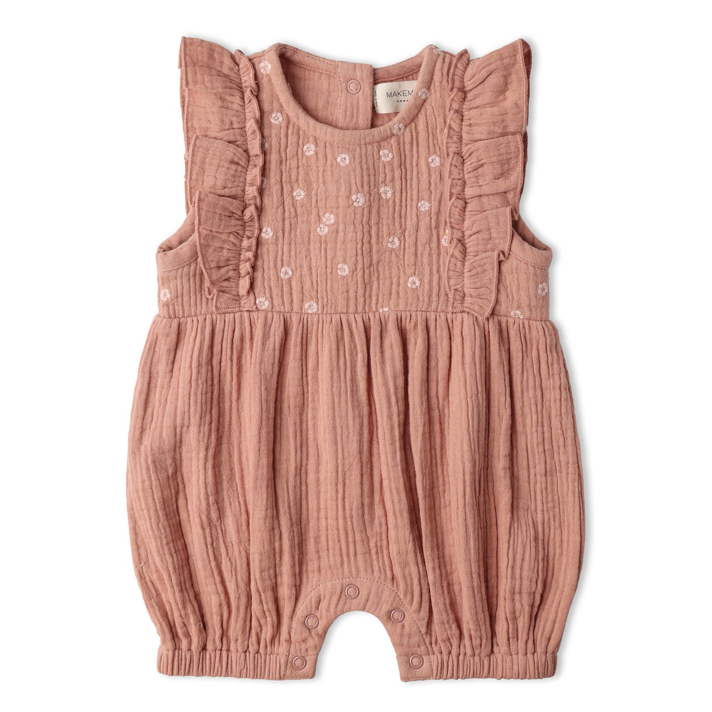 Organic Embroidered Ruffle Romper - Clay
