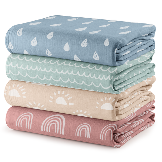 Muslin Swaddle Blankets in Sun, Rainbow, Rain & Doodle, 4 Pack
