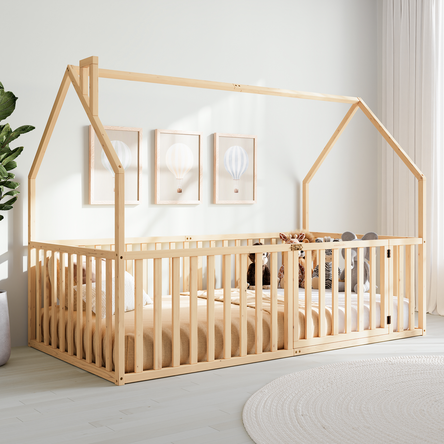 Kids House Gated Floor Bed Twin Size for Children Aged 5+, Natural Wood