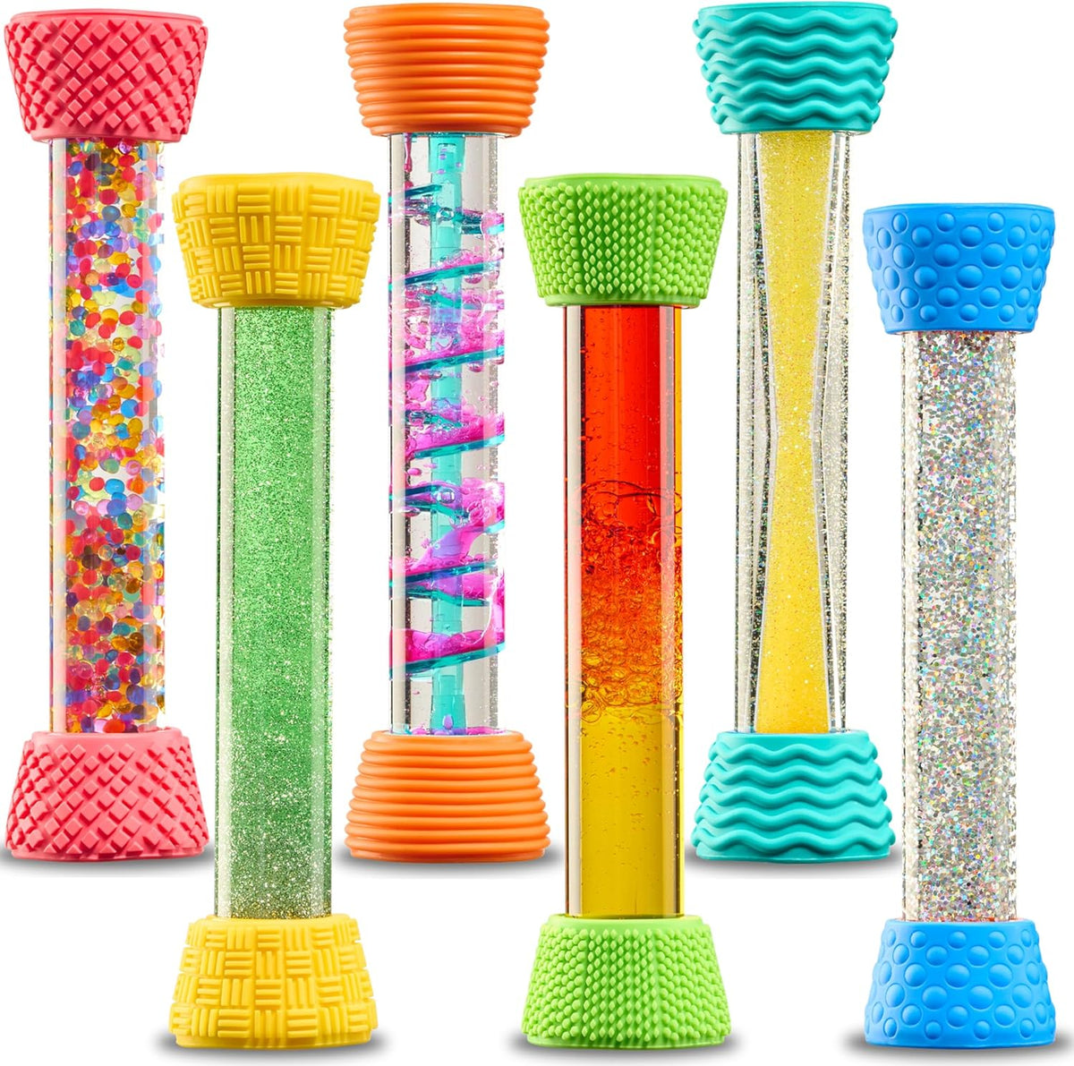 Special Supplies Liquid Motion Bubbler Toy Cool Tubes 6-Pack Colorful Hourglass Timer with Droplet Movement, Bedroom, Sensory Play, Cool Home or School, with Silicone Textured Covers
