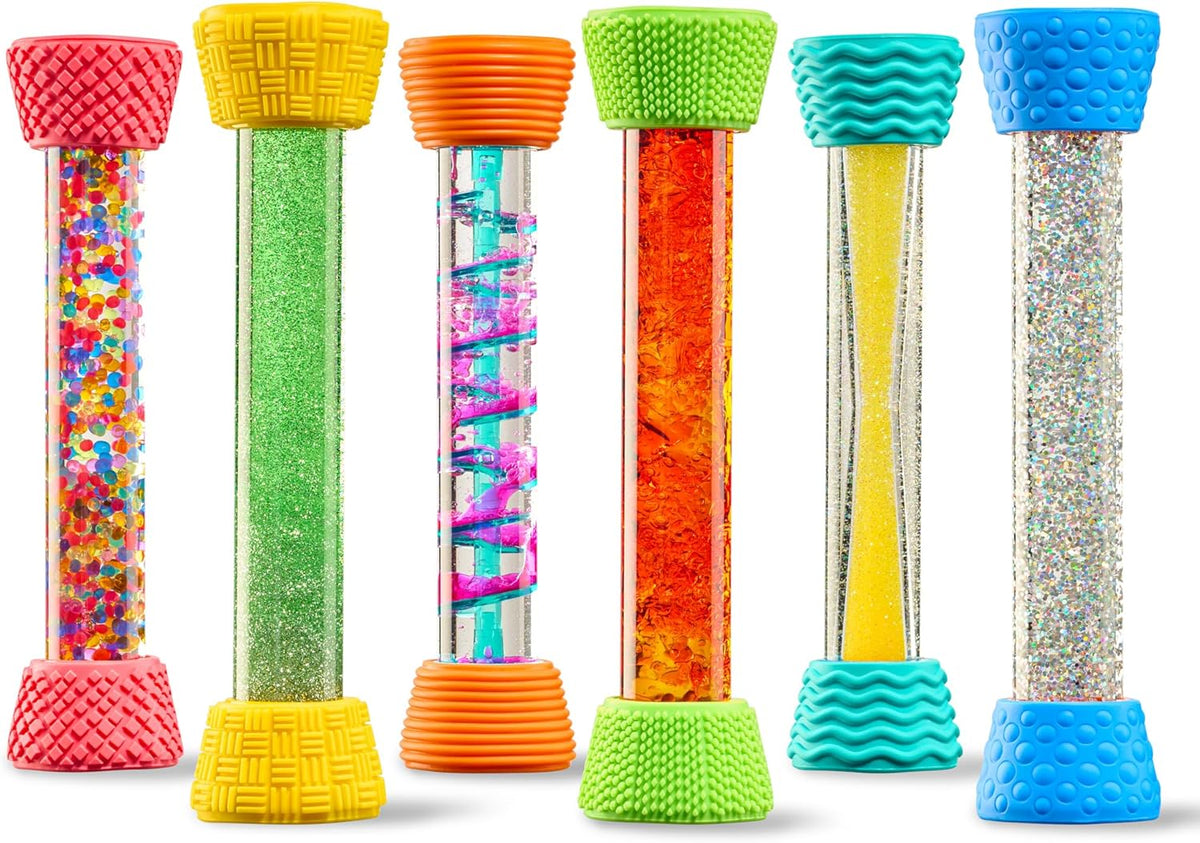 Special Supplies Liquid Motion Bubbler Toy Cool Tubes 6-Pack Colorful Hourglass Timer with Droplet Movement, Bedroom, Sensory Play, Cool Home or School, with Silicone Textured Covers