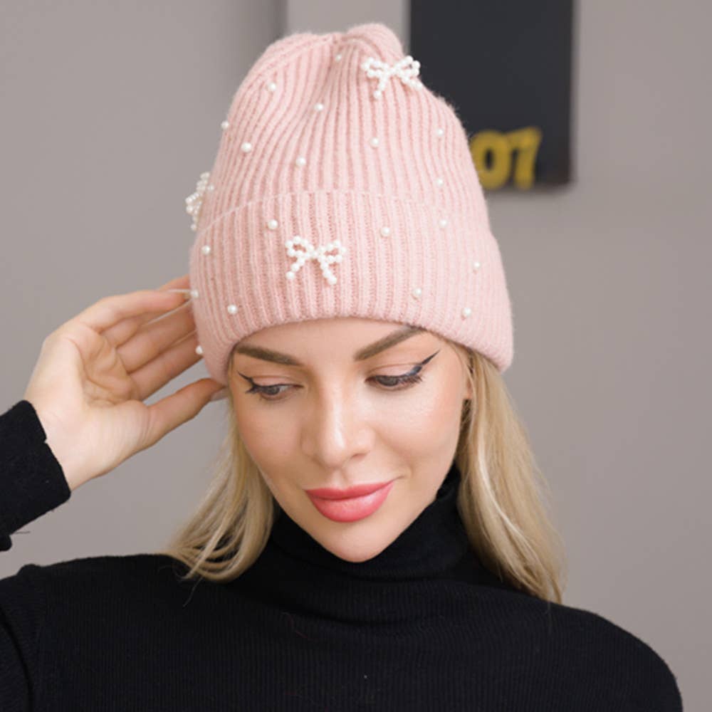 Bow Pearl Embellished Knitted Winter Beanie Hat