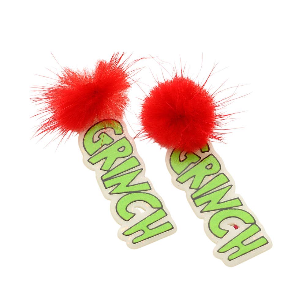 Pom Pom Resin Grinch Message Drop Dangle Earrings