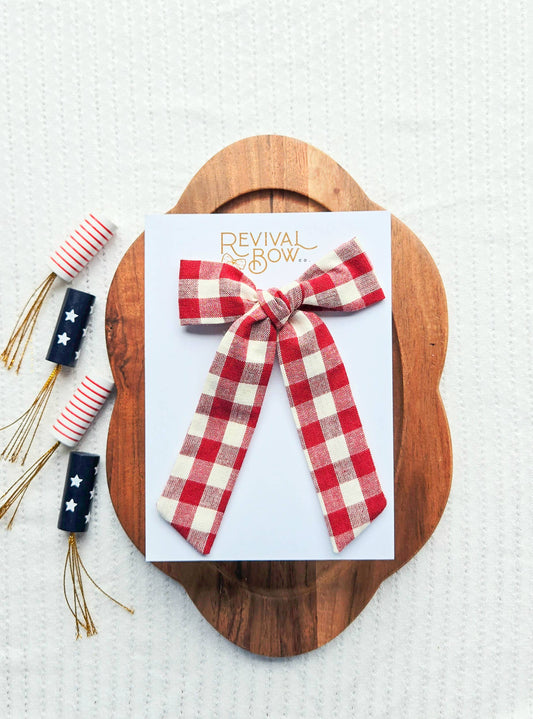 Long Tail Bow on Clip • Red Gingham