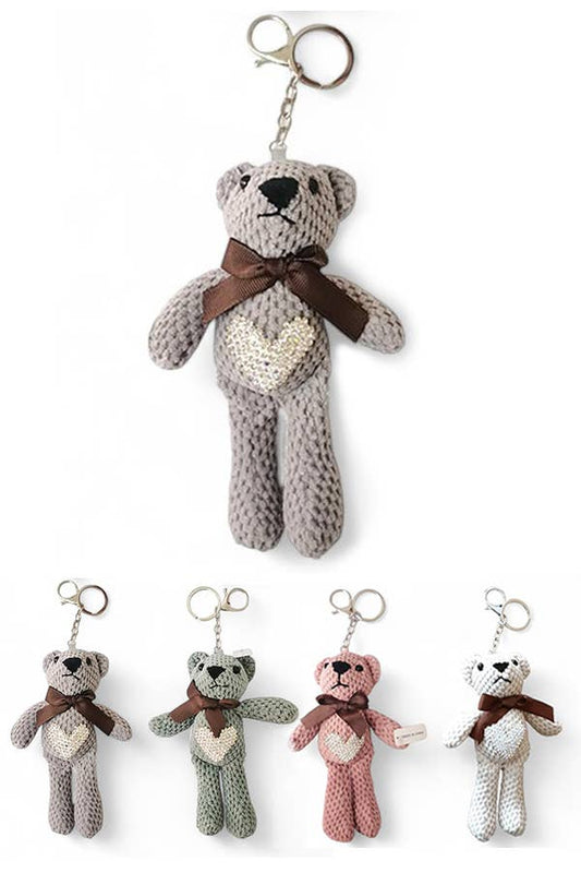 Rhinestone Accent Knitted Teddy Bear Bag Charm Key Chain